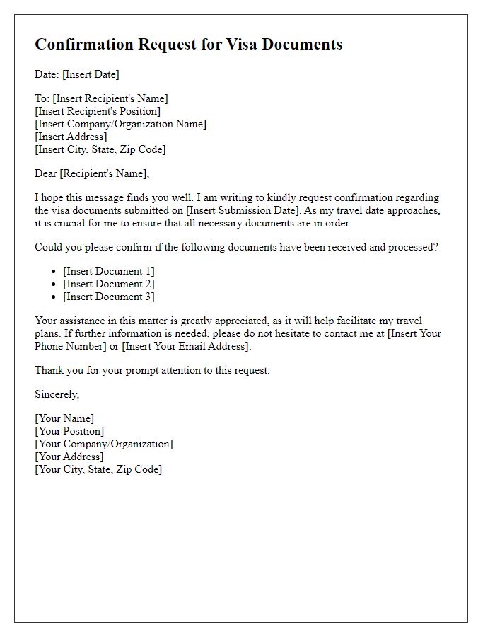 Letter template of confirmation request for visa documents