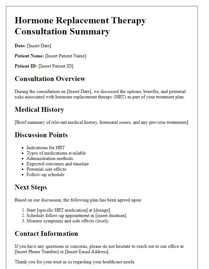 Letter template of hormone replacement therapy consultation summary