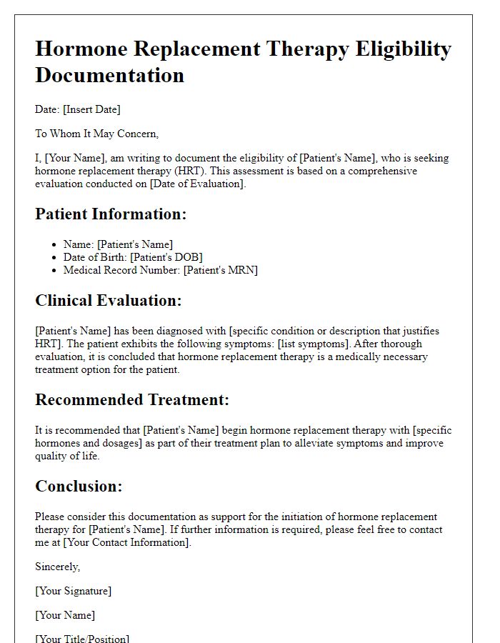 Letter template of hormone replacement therapy eligibility documentation