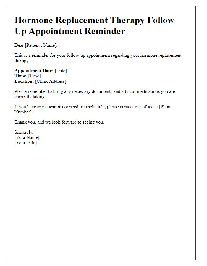 Letter template of hormone replacement therapy follow-up appointment reminder