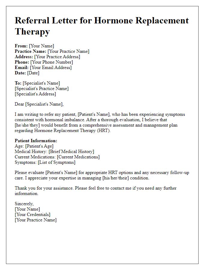 Letter template of hormone replacement therapy referral to specialist