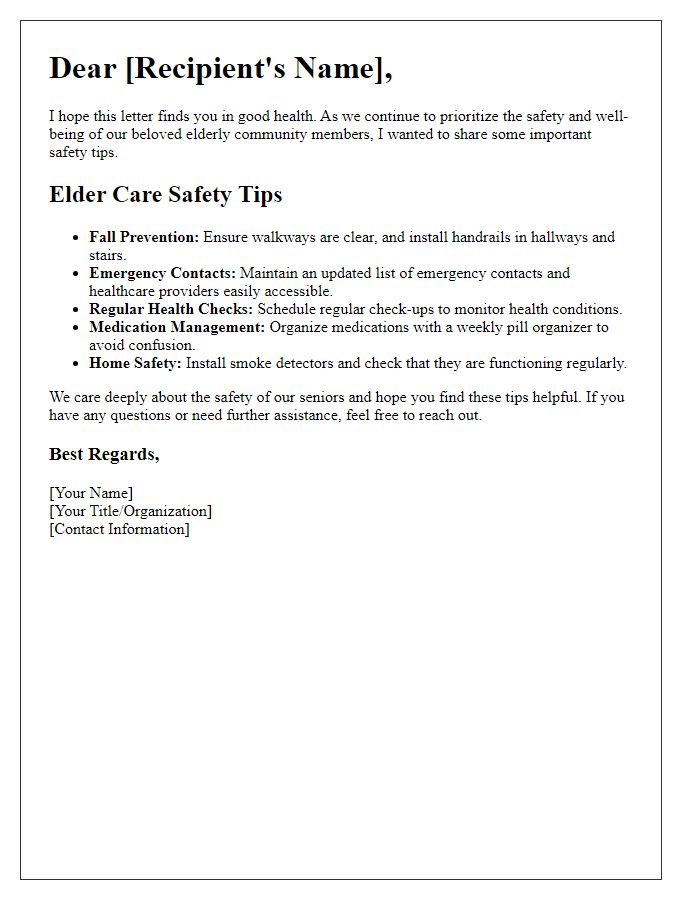 Letter template of elder care safety tips