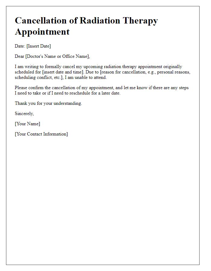 Letter template of cancellation for radiation therapy appointment