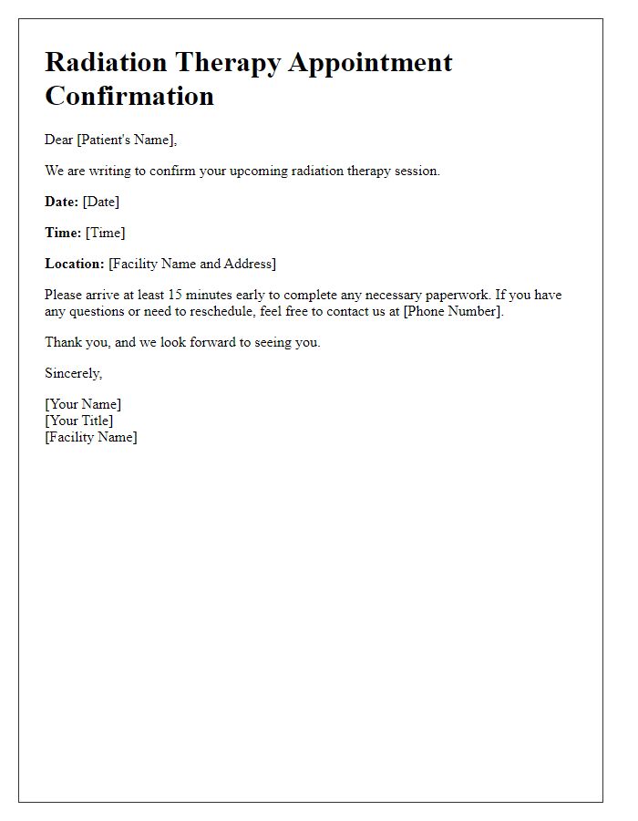 Letter template of confirmation for radiation therapy session