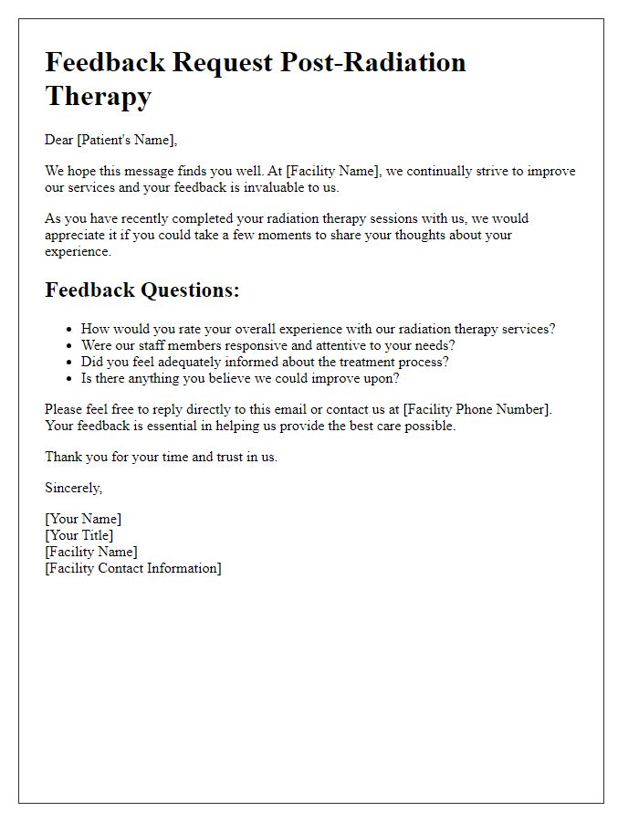 Letter template of feedback request post-radiation therapy session