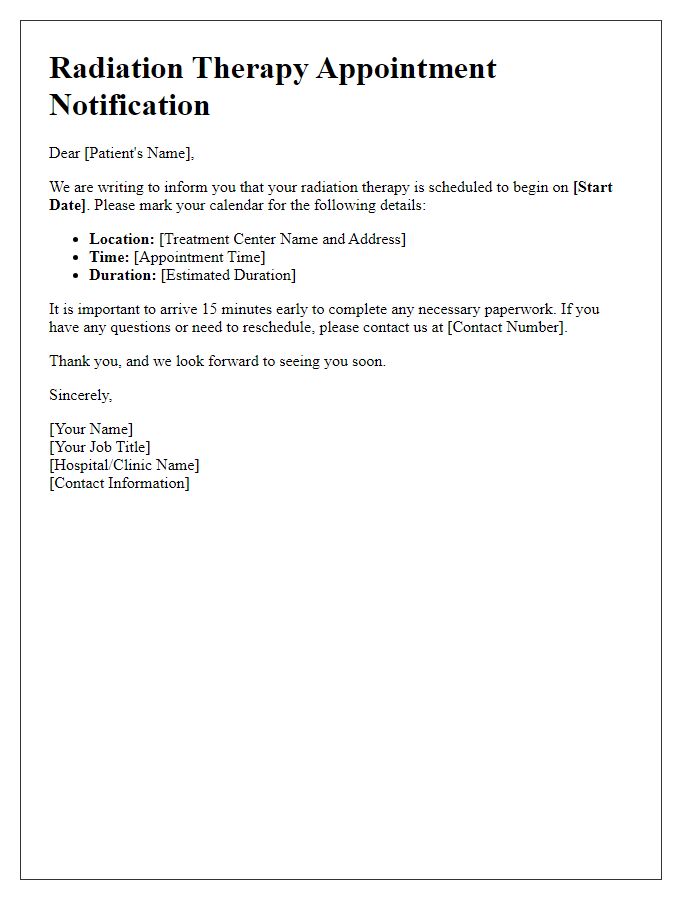 Letter template of notification for radiation therapy start date