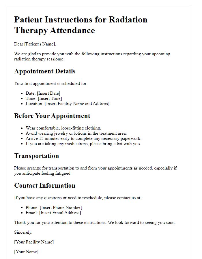 Letter template of patient instructions for radiation therapy attendance