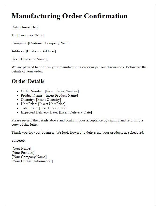 Letter template of manufacturing order confirmation for bulk production.