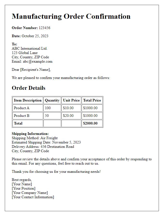 Letter template of manufacturing order confirmation for international shipping.