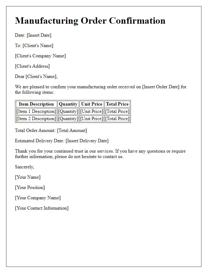 Letter template of manufacturing order confirmation for repeat orders.