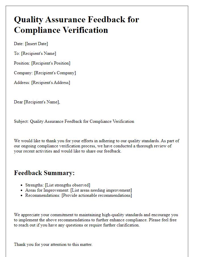 Letter template of quality assurance feedback for compliance verification