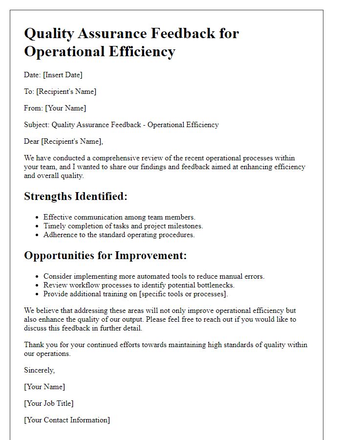 Letter template of quality assurance feedback for operational efficiency