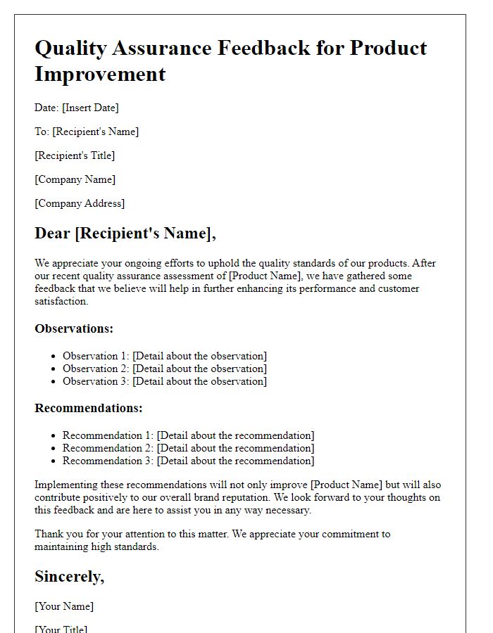 Letter template of quality assurance feedback for product improvement