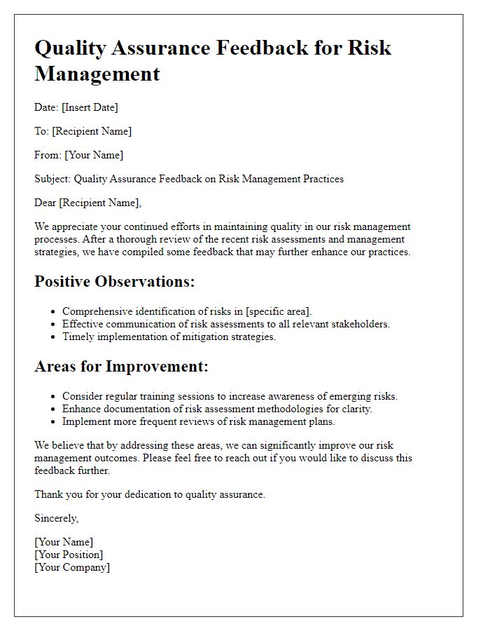 Letter template of quality assurance feedback for risk management