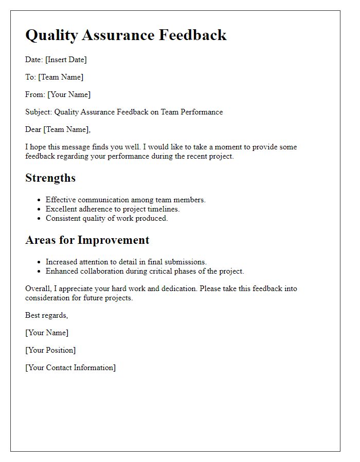 Letter template of quality assurance feedback for team performance