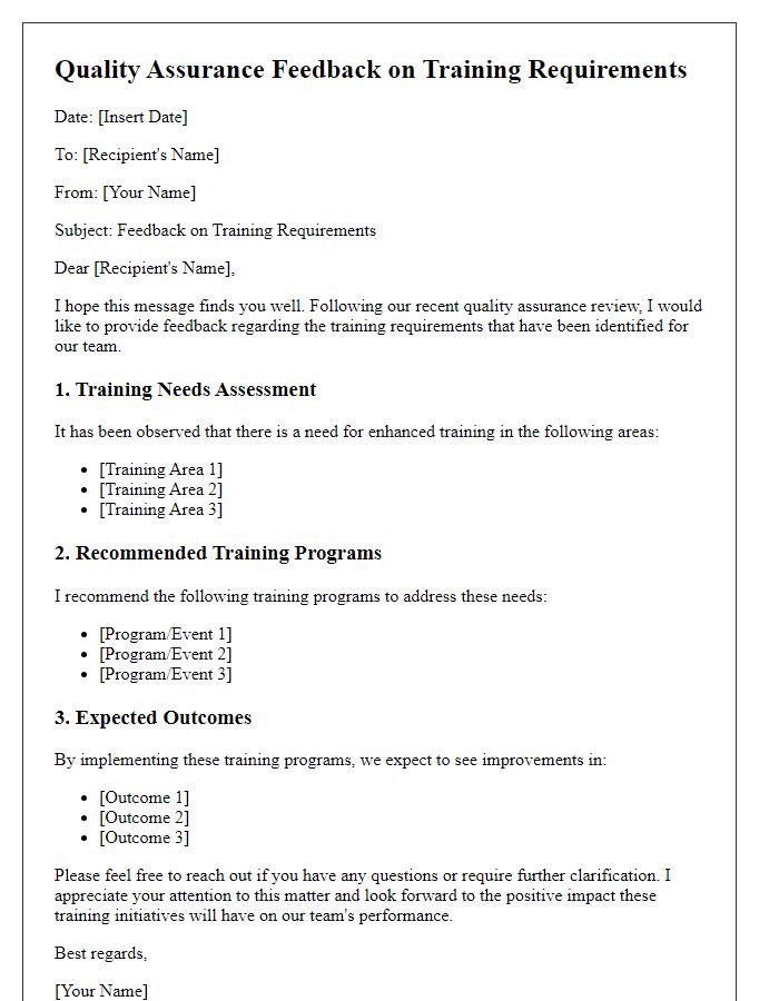 Letter template of quality assurance feedback for training requirements