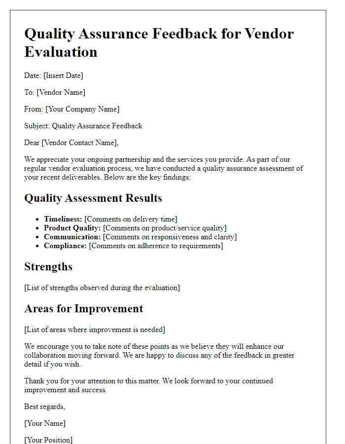 Letter template of quality assurance feedback for vendor evaluation