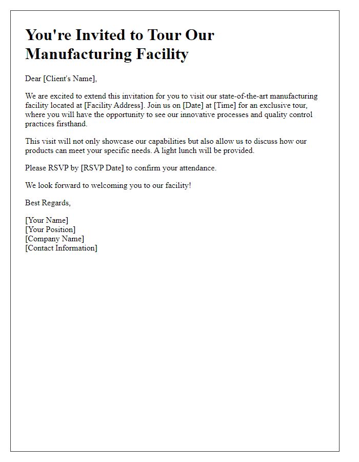 Letter template of manufacturing facility tour invitation for prospective clients