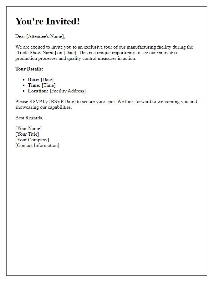 Letter template of manufacturing facility tour invitation for trade show attendees