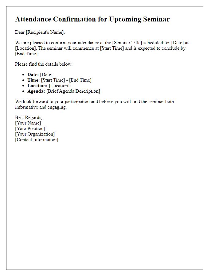 Letter template of Attendance Confirmation for Upcoming Seminar