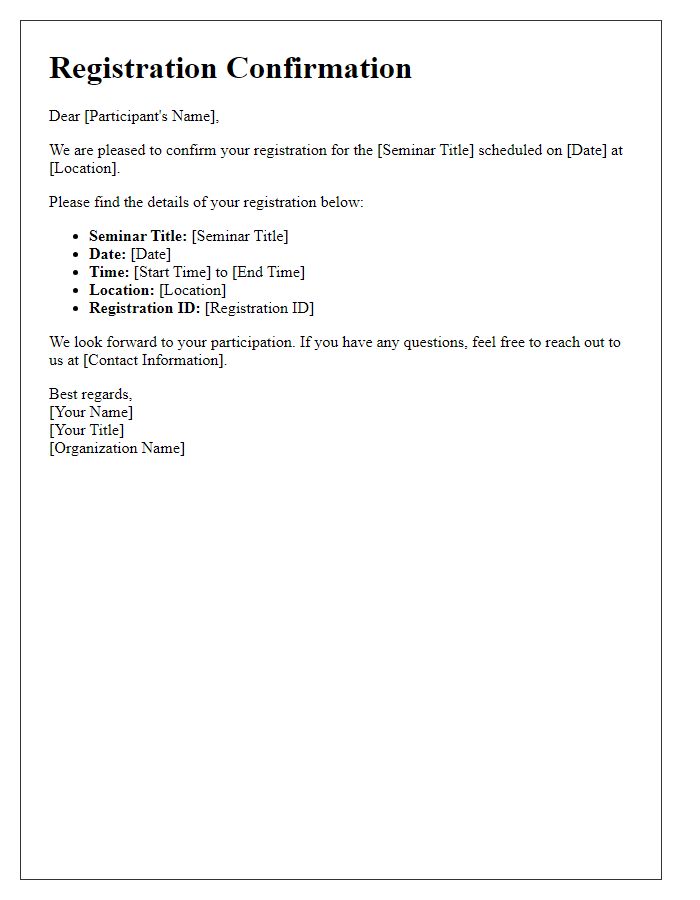 Letter template of Registration Confirmation for Seminar