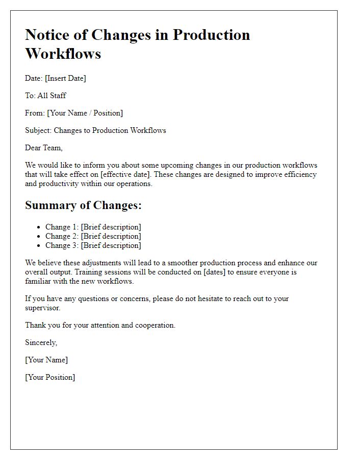Letter template of changes in production workflows
