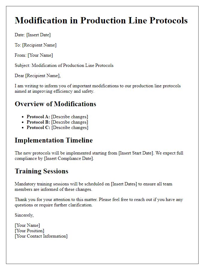 Letter template of modifications in production line protocols