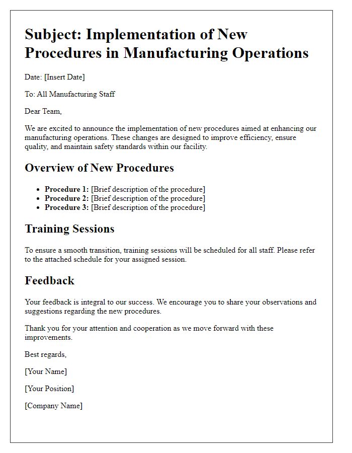 Letter template of new procedures in manufacturing operations