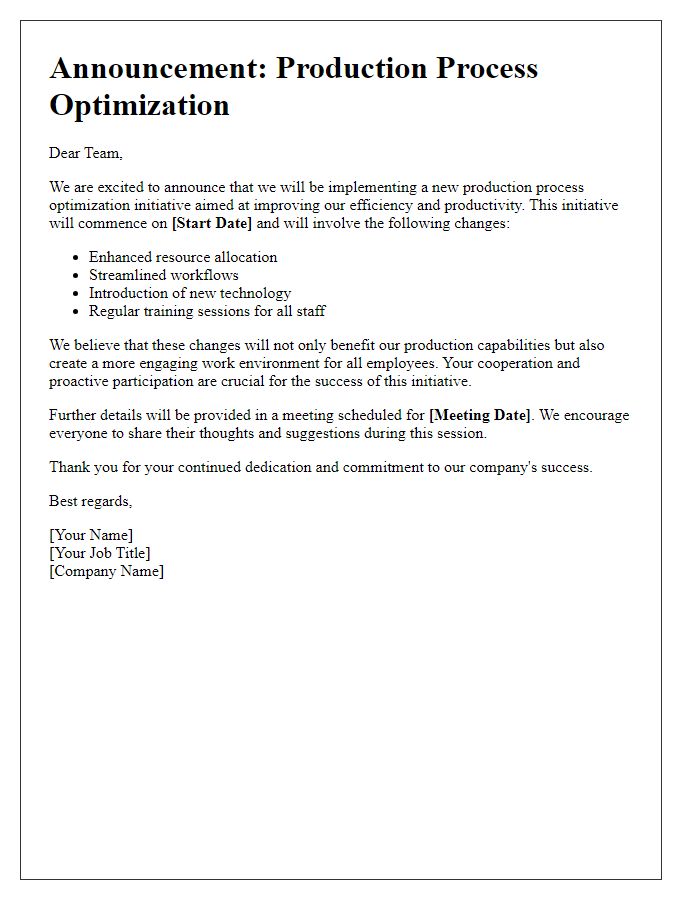 Letter template of production process optimization announcement