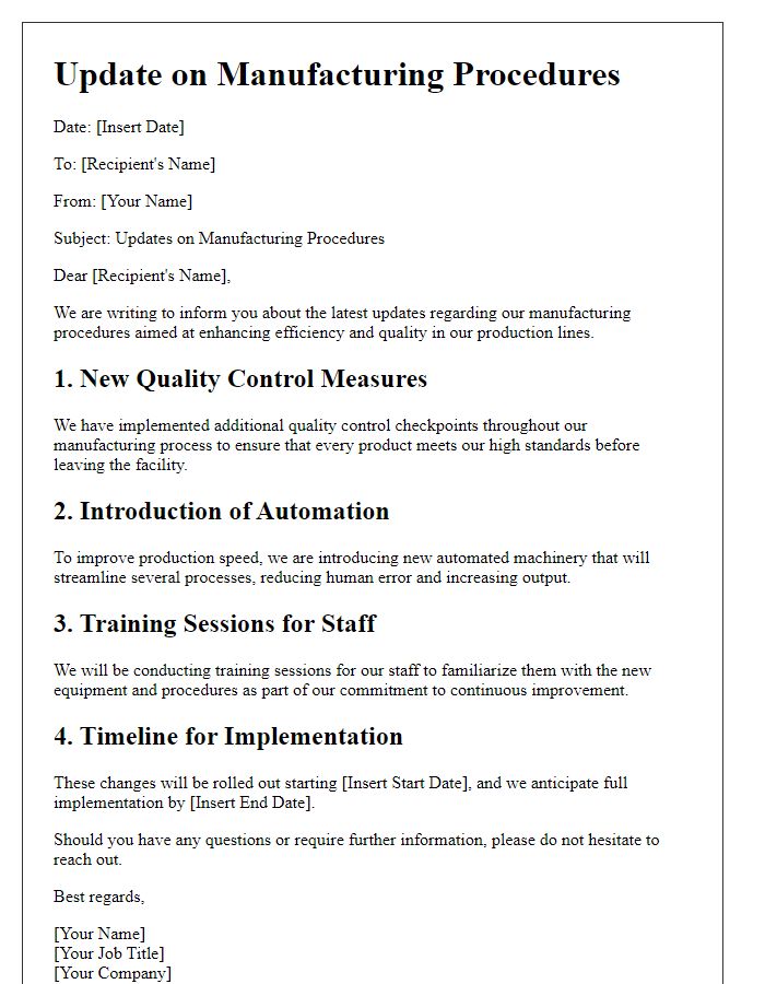 Letter template of updates on manufacturing procedures