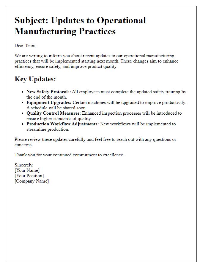 Letter template of updates to operational manufacturing practices