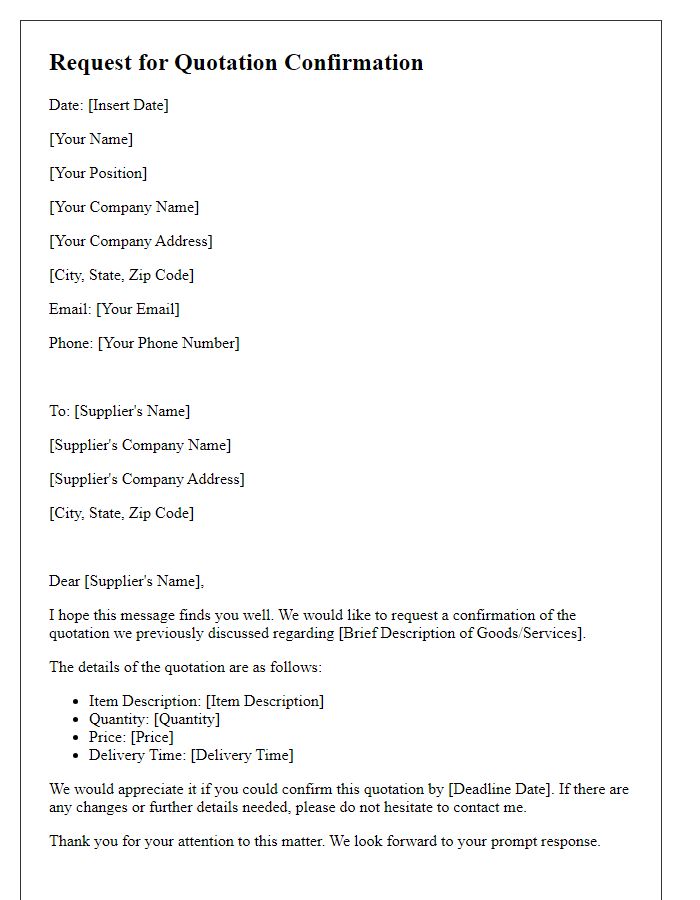 Letter template of request for quotation confirmation