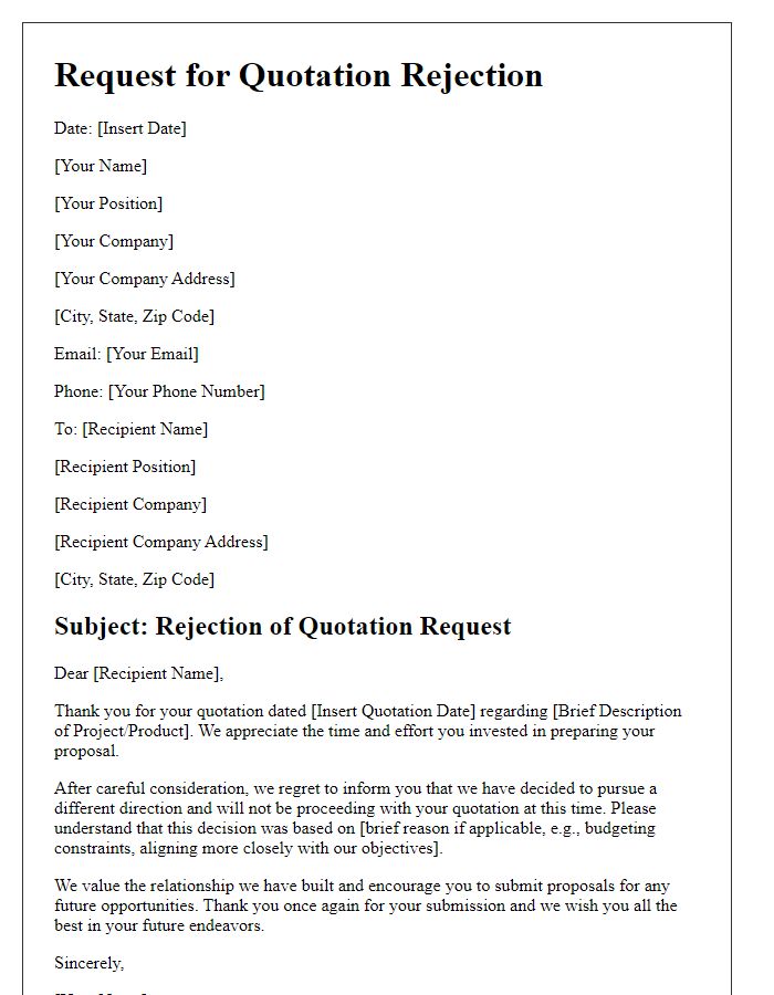 Letter template of request for quotation rejection