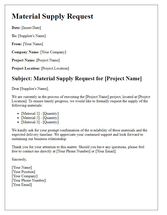 Letter template of material supply request for construction project