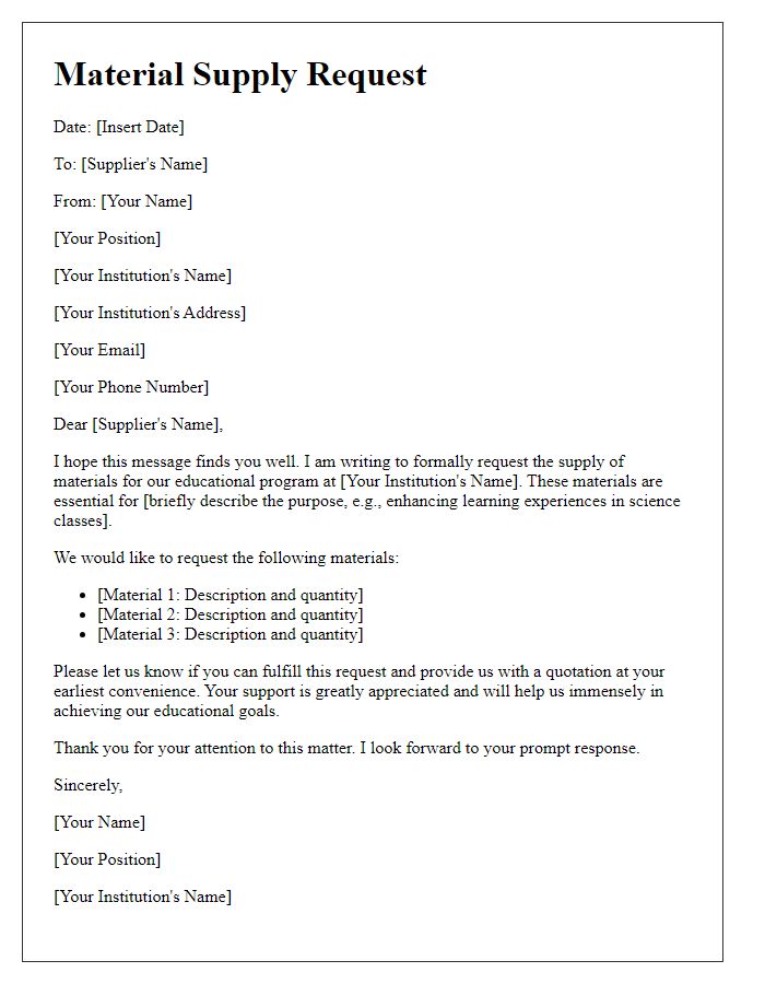 Letter template of material supply request for educational purposes