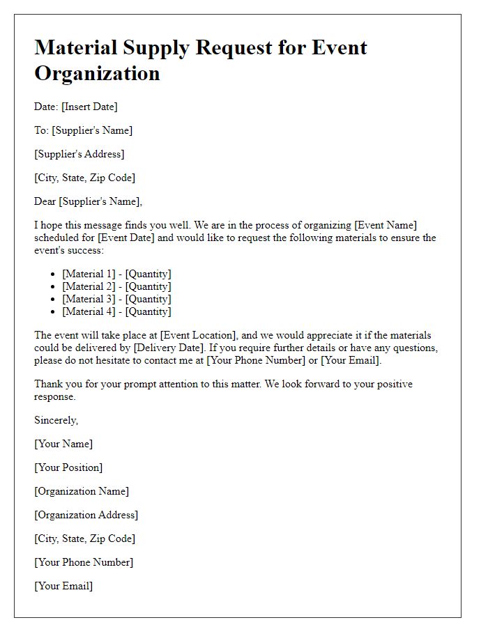 Letter template of material supply request for event organization