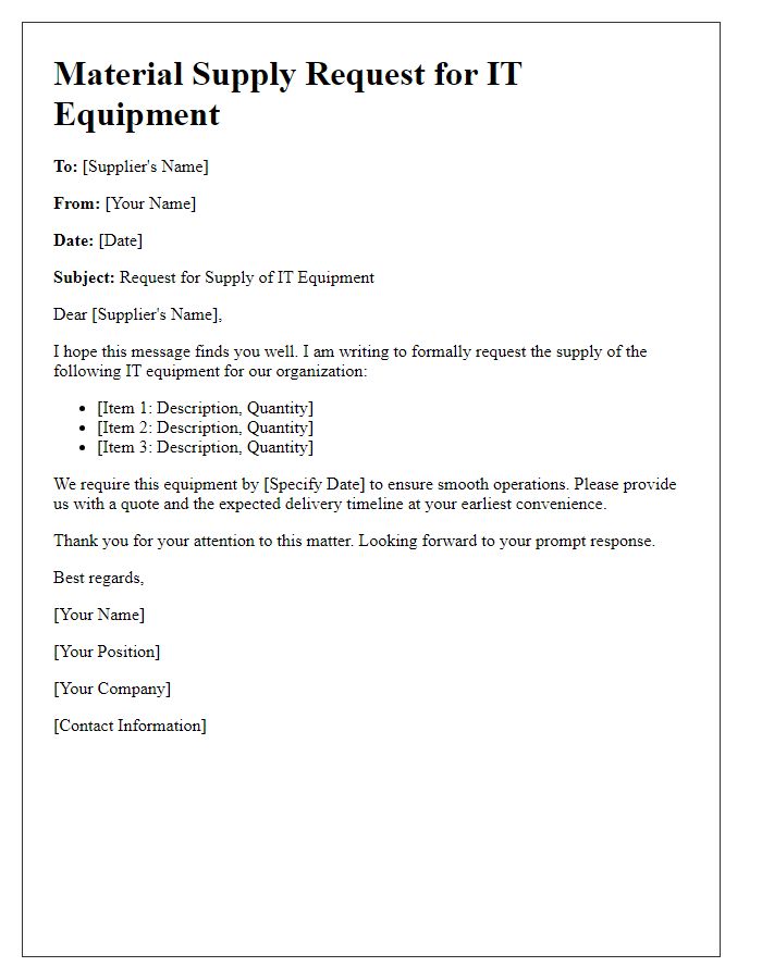 Letter template of material supply request for IT equipment