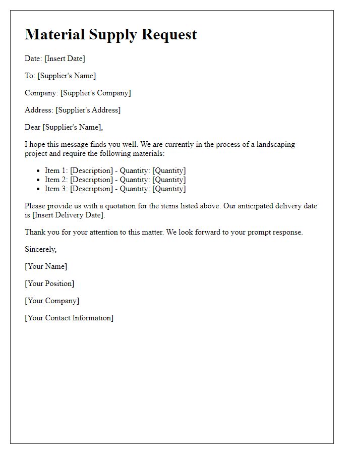 Letter template of material supply request for landscaping supplies