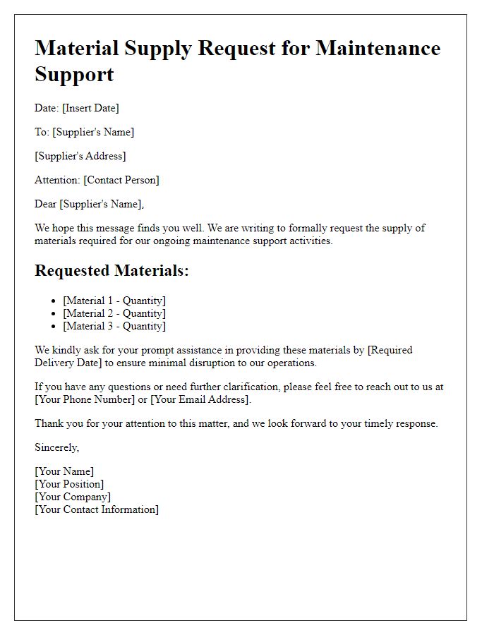 Letter template of material supply request for maintenance support