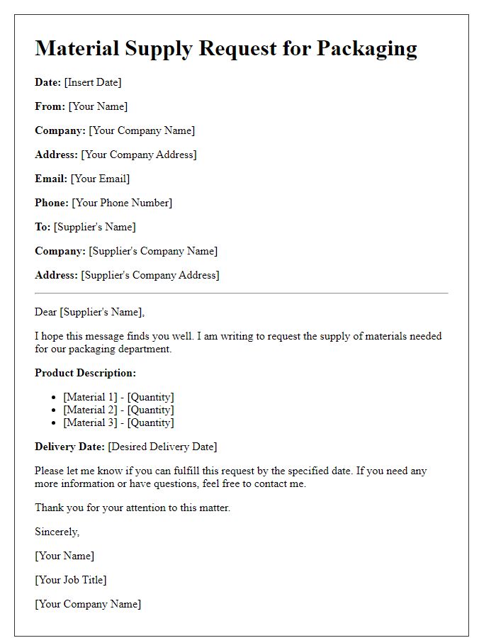 Letter template of material supply request for packaging needs