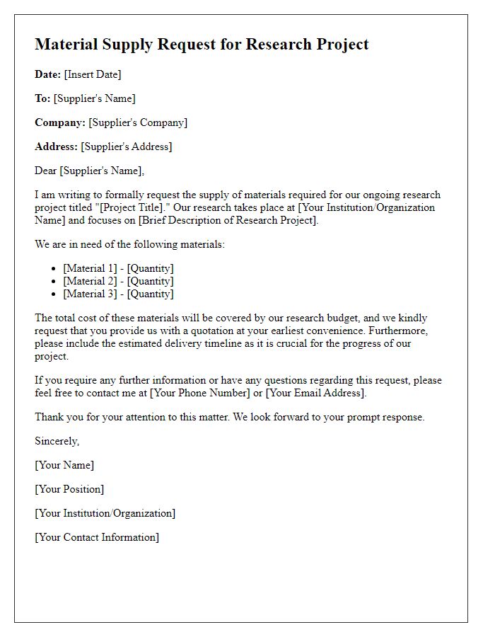 Letter template of material supply request for research projects