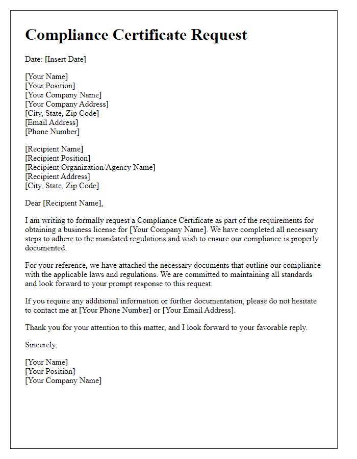 Letter template of Compliance Certificate Request for Business Licensing