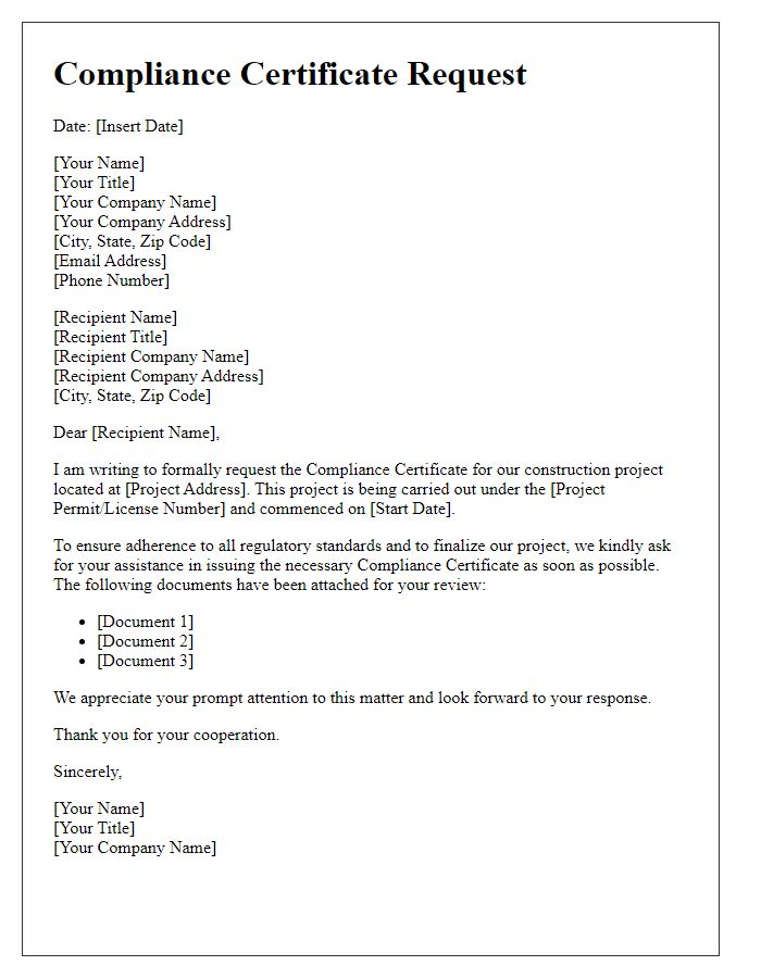 Letter template of Compliance Certificate Request for Construction Projects
