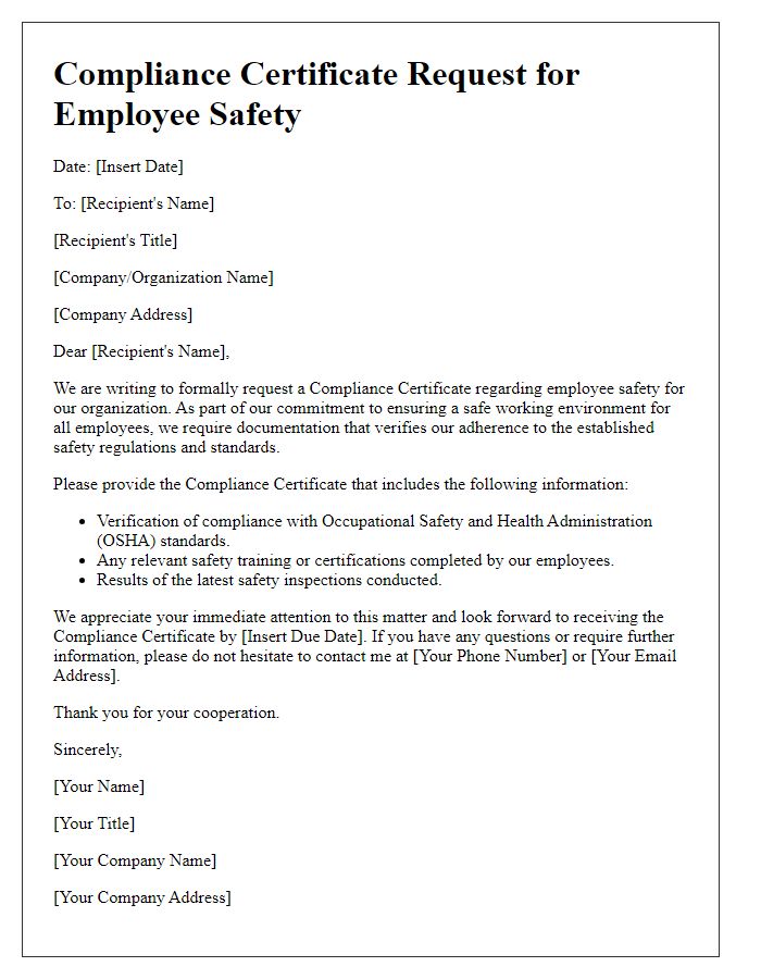 Letter template of Compliance Certificate Request for Employee Safety