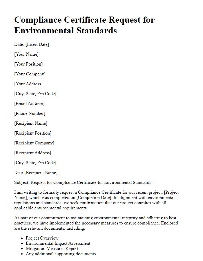 Letter template of Compliance Certificate Request for Environmental Standards