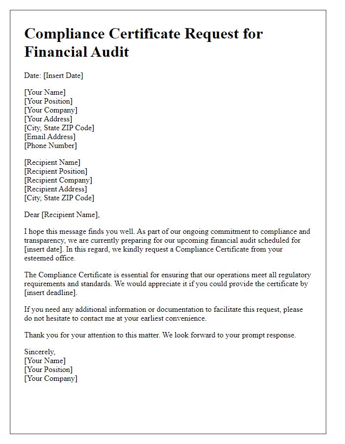 Letter template of Compliance Certificate Request for Financial Audit