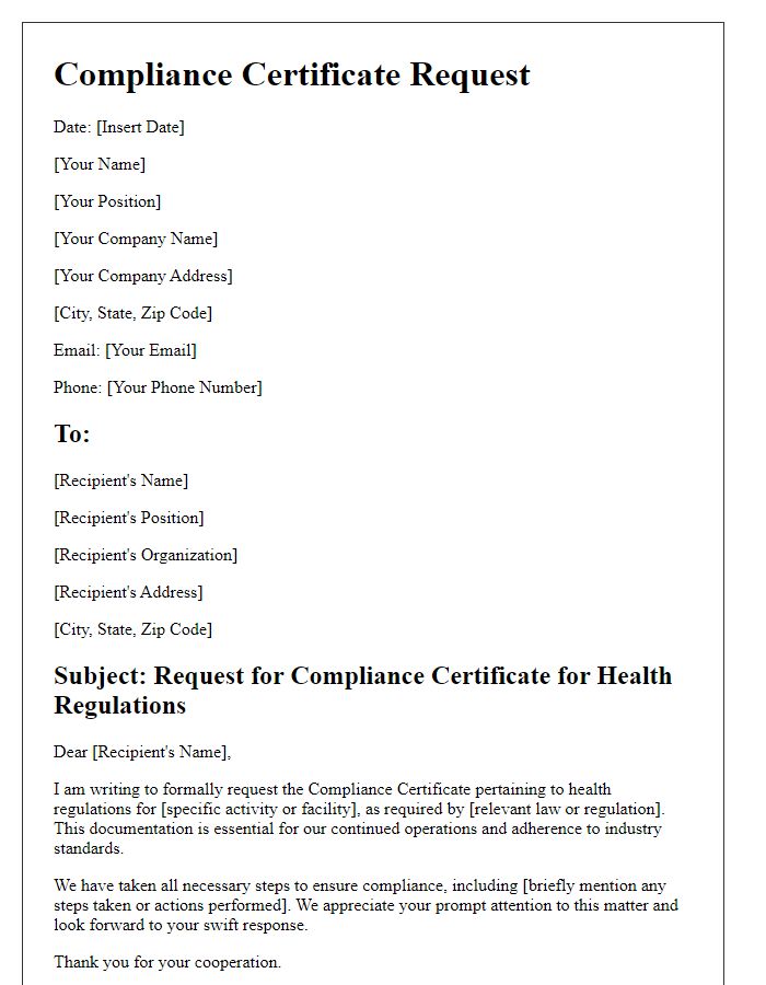 Letter template of Compliance Certificate Request for Health Regulations