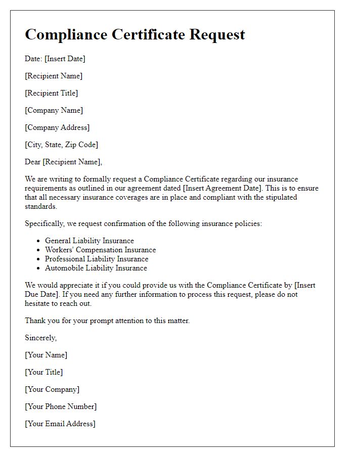 Letter template of Compliance Certificate Request for Insurance Requirements