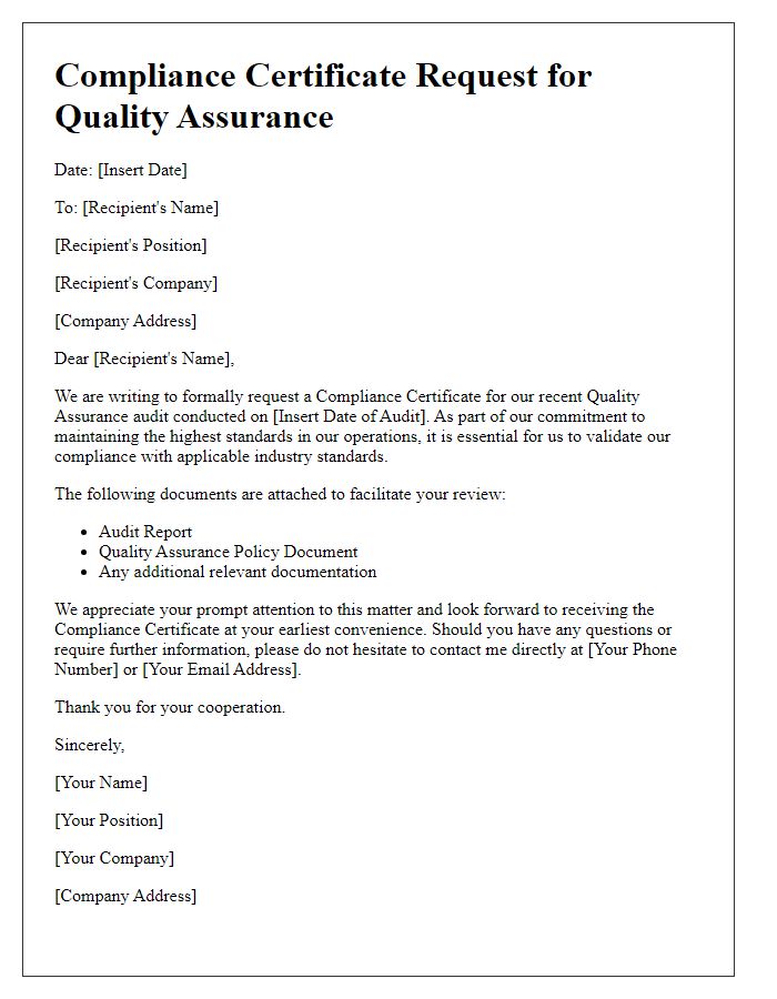 Letter template of Compliance Certificate Request for Quality Assurance