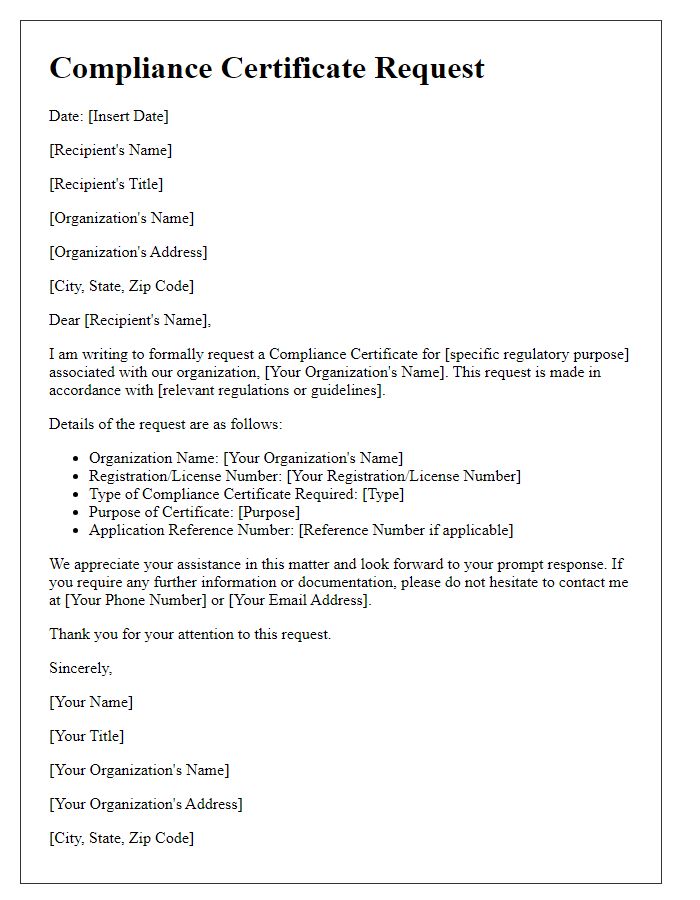 Letter template of Compliance Certificate Request for Regulatory Purposes